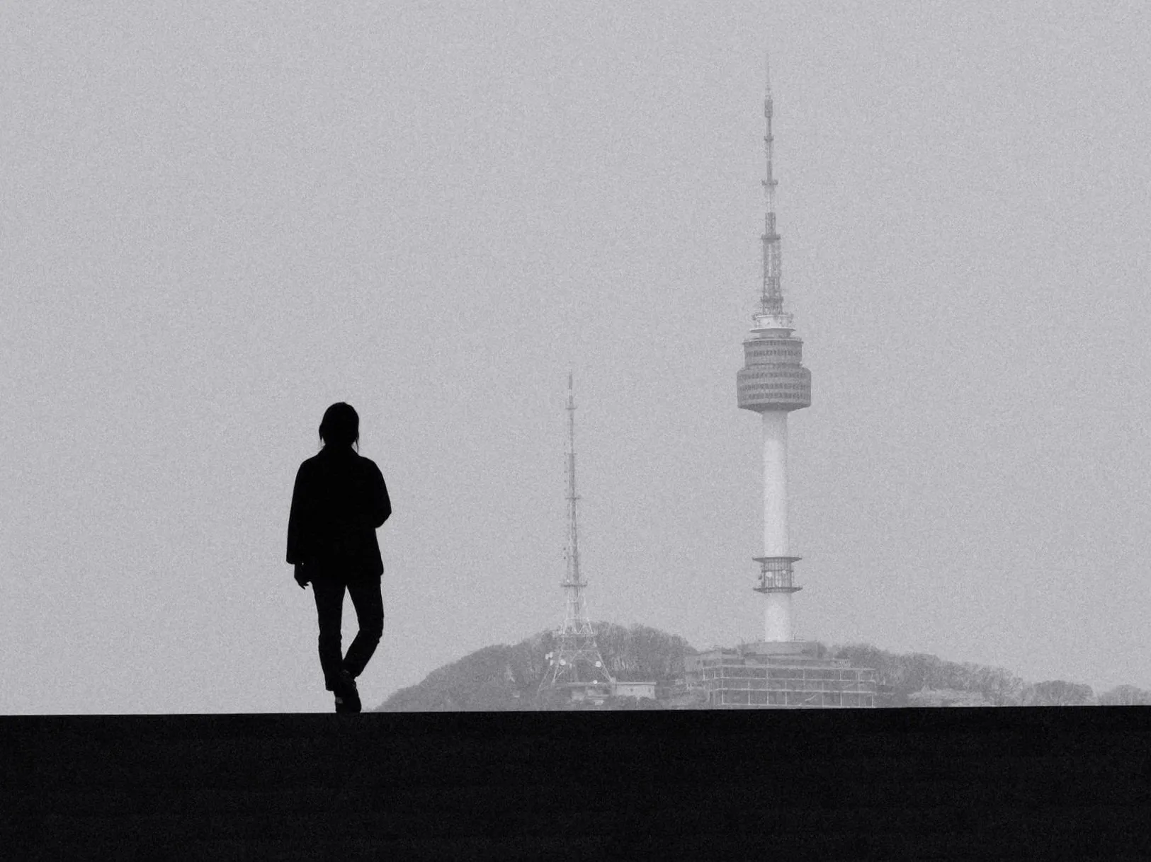 A woman standing on the steps of the National Museum, with Namsan Tower in the background