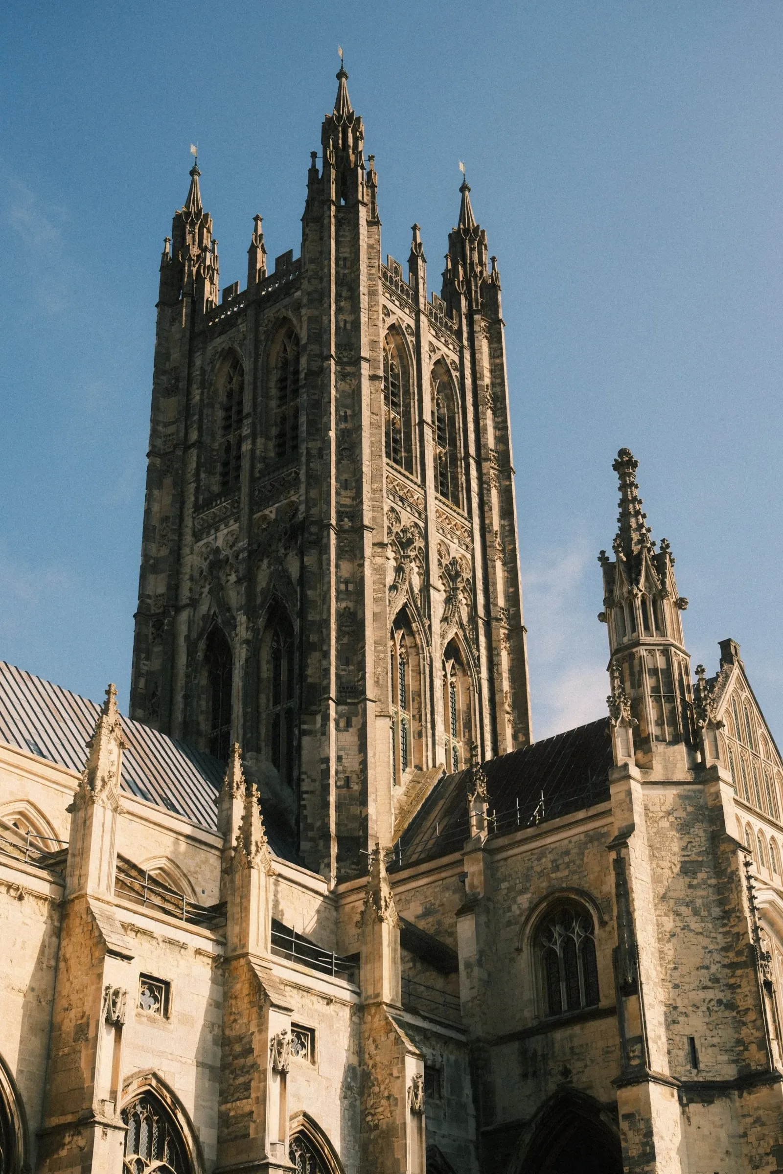 The cathedral’s central tower against a blue sky