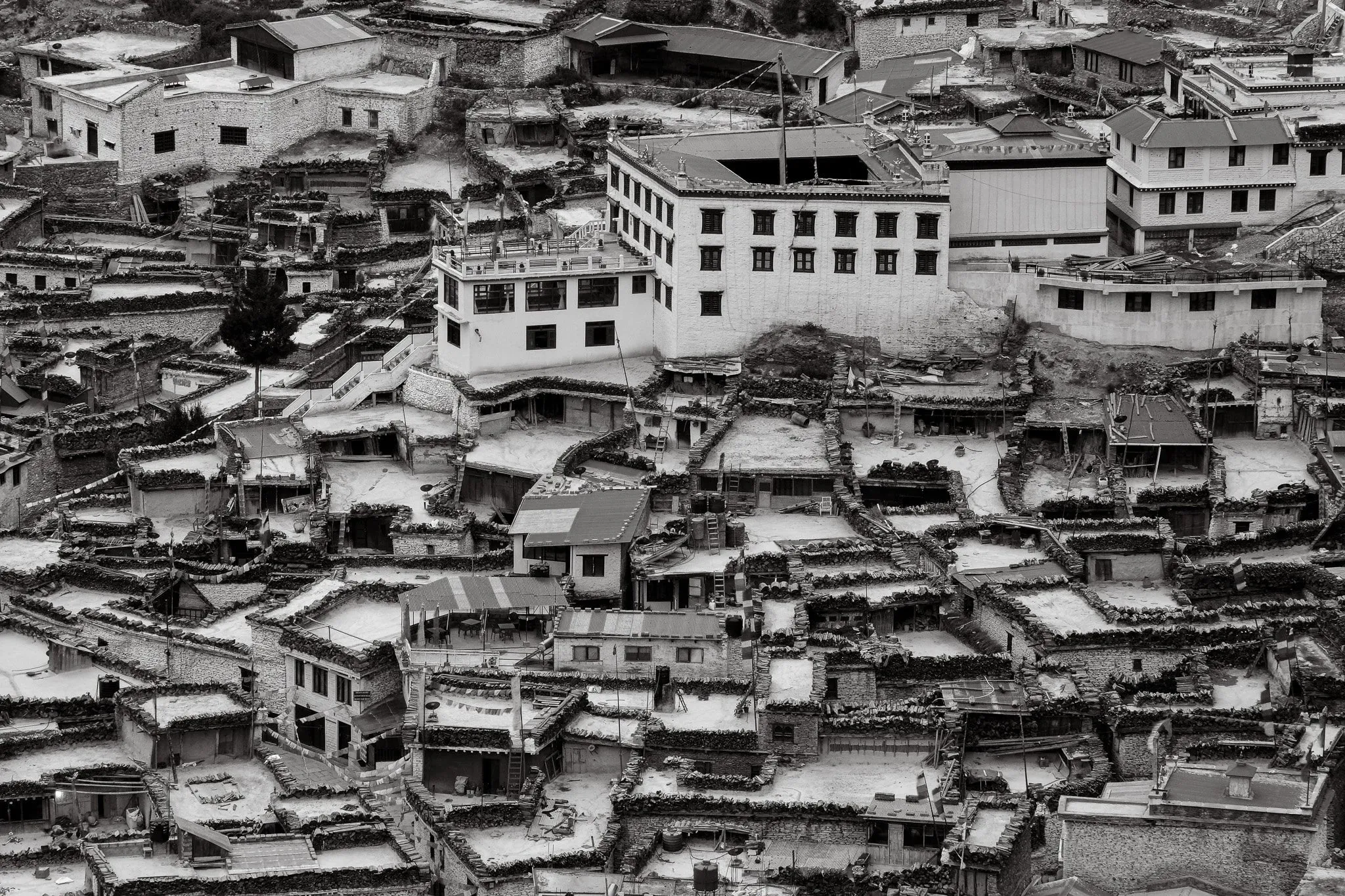 Black and White photo of Marpha Village from above