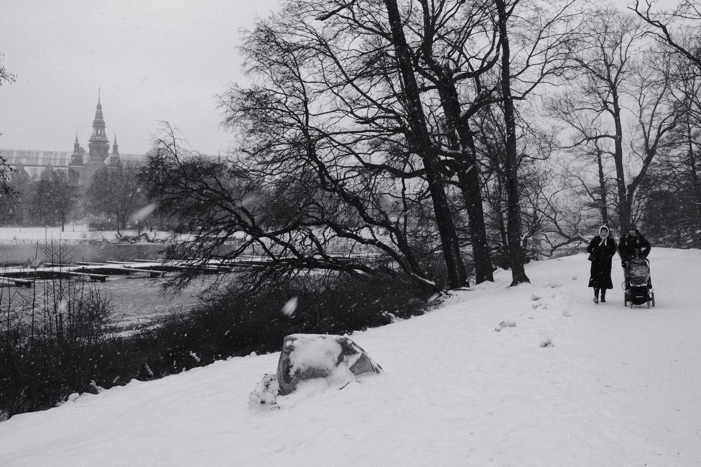 Black and white photo of people walking through Djurgården