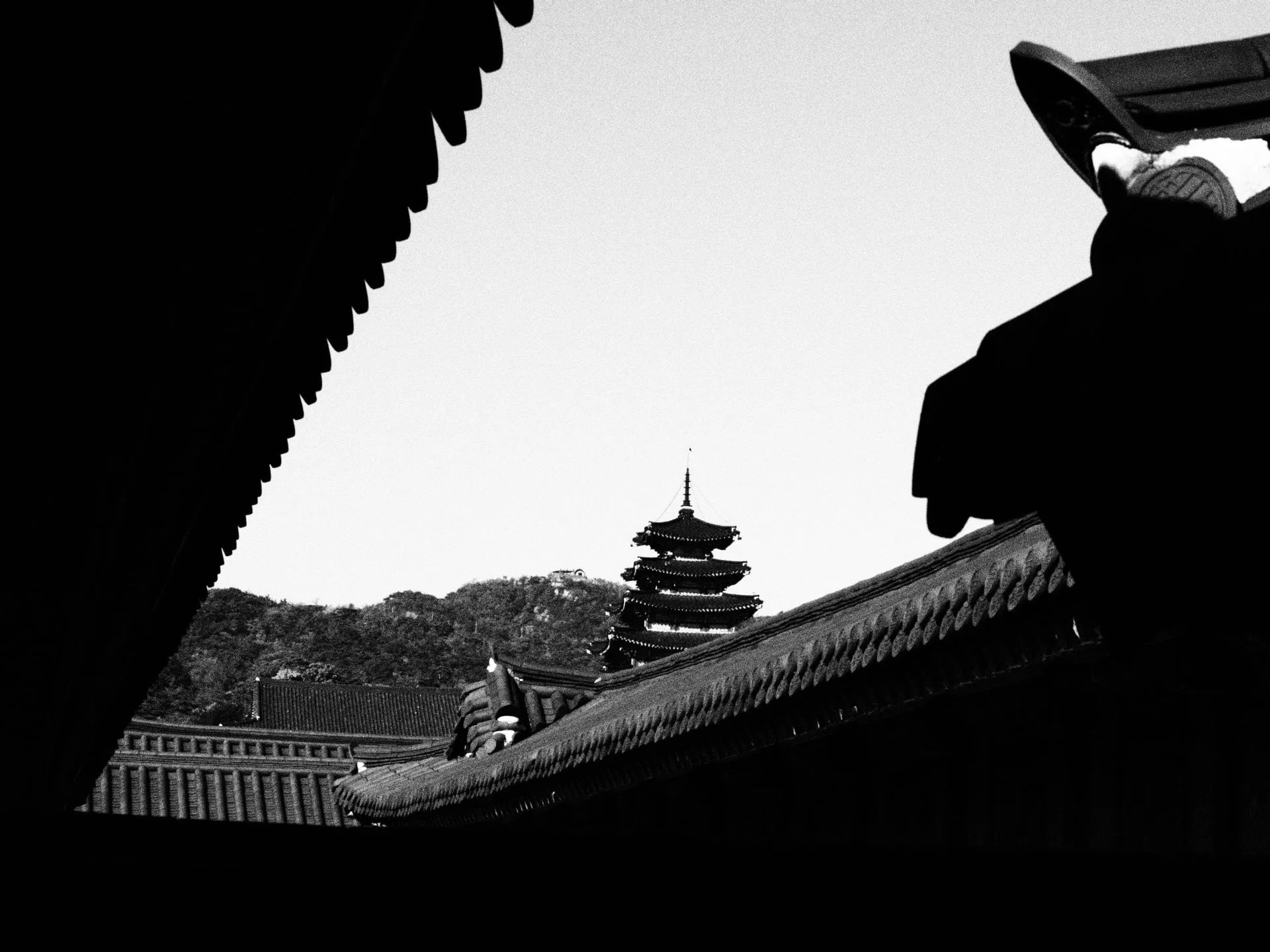 Palace roofs in silhouette framing a pagoda and the hills beyond at Gyeongbokgung