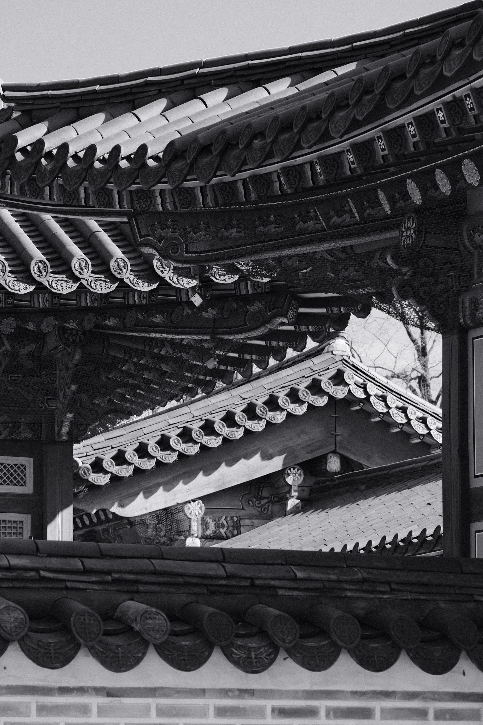 Black and white photo of layered tiled roofs at Gyeongbokgung Palace