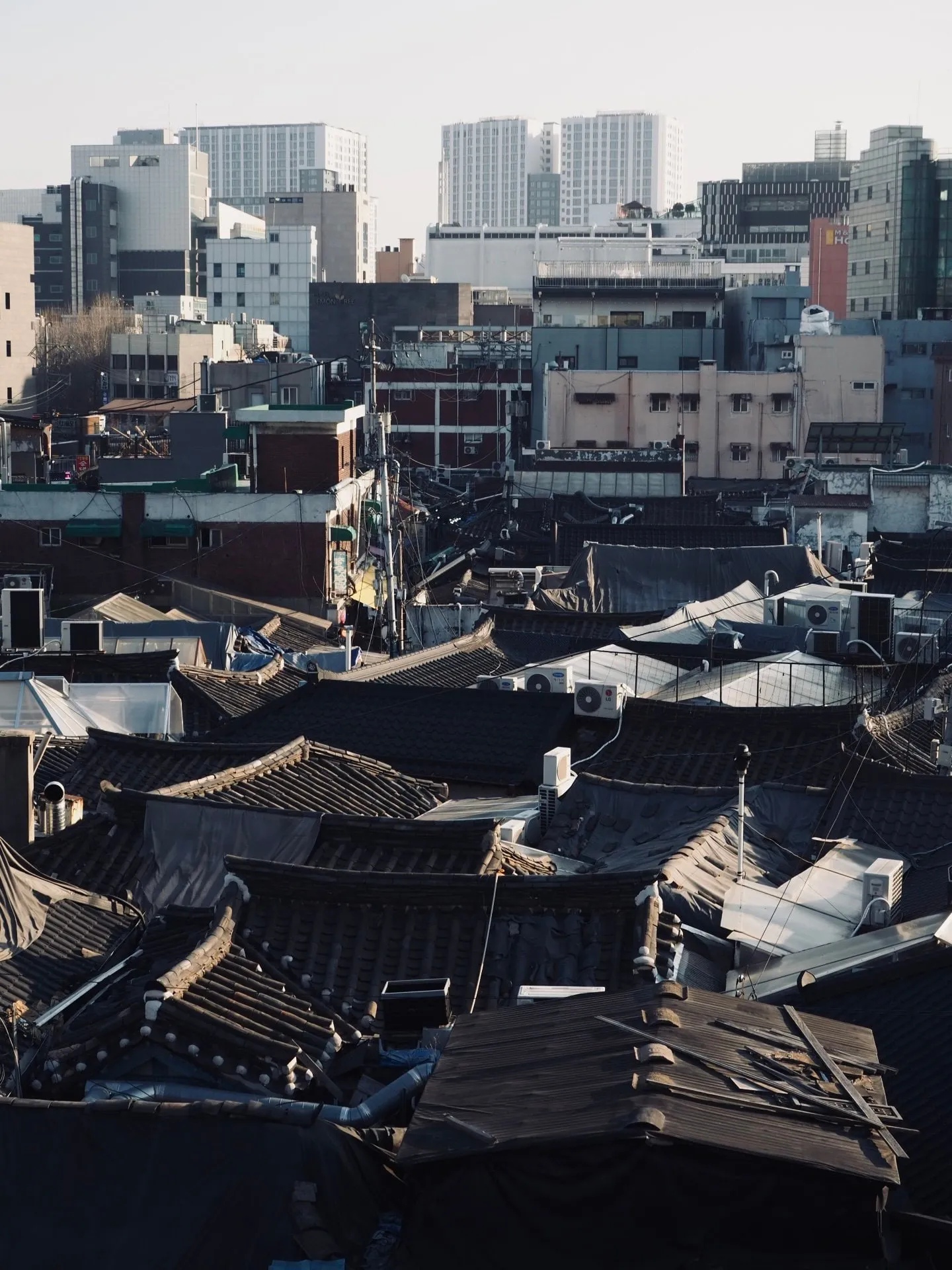 Tiled hanok rooftops with modern buildings behind them in Seoul
