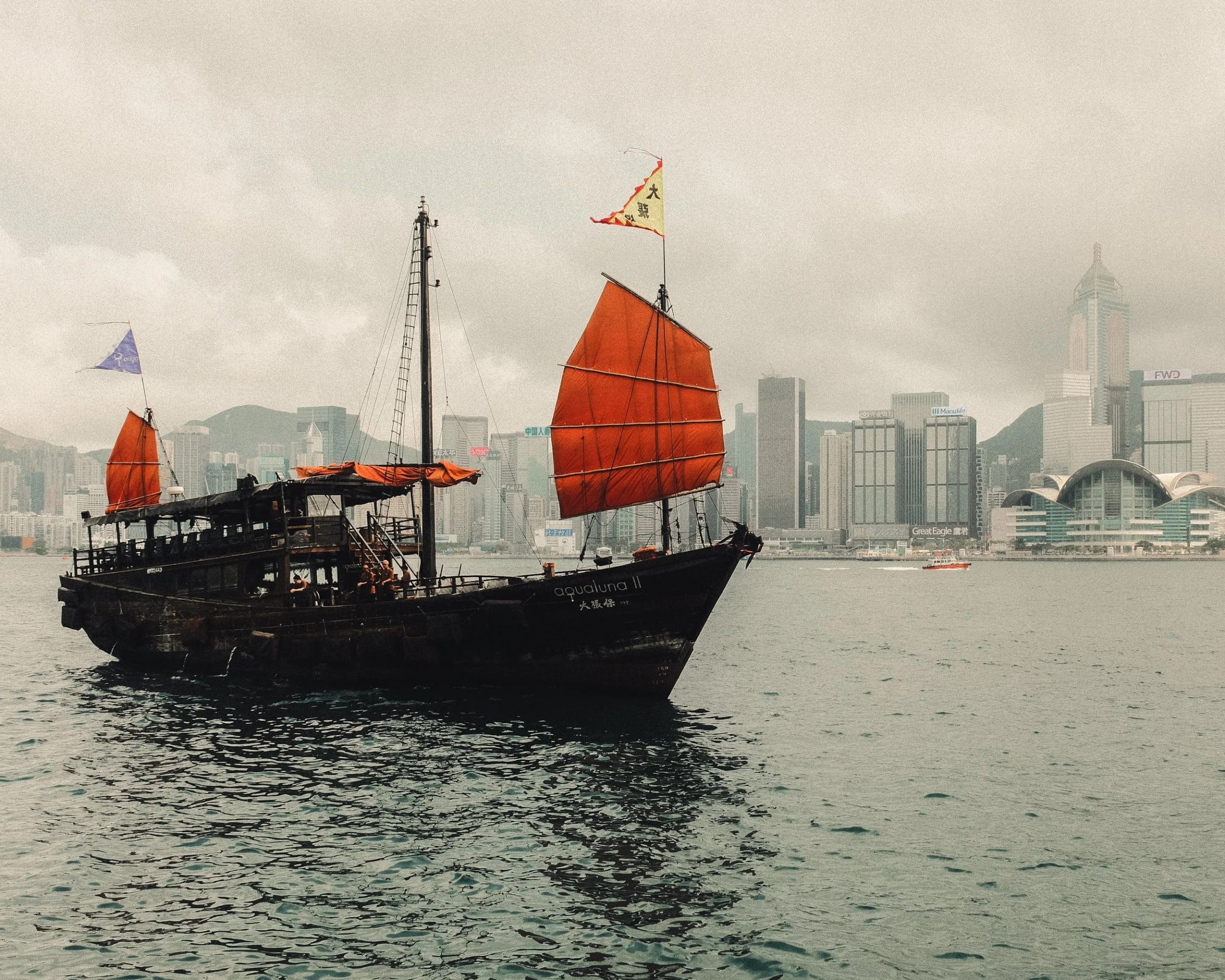 Junk boat with red sails crossing Victoria Harbour, with the skyline behind