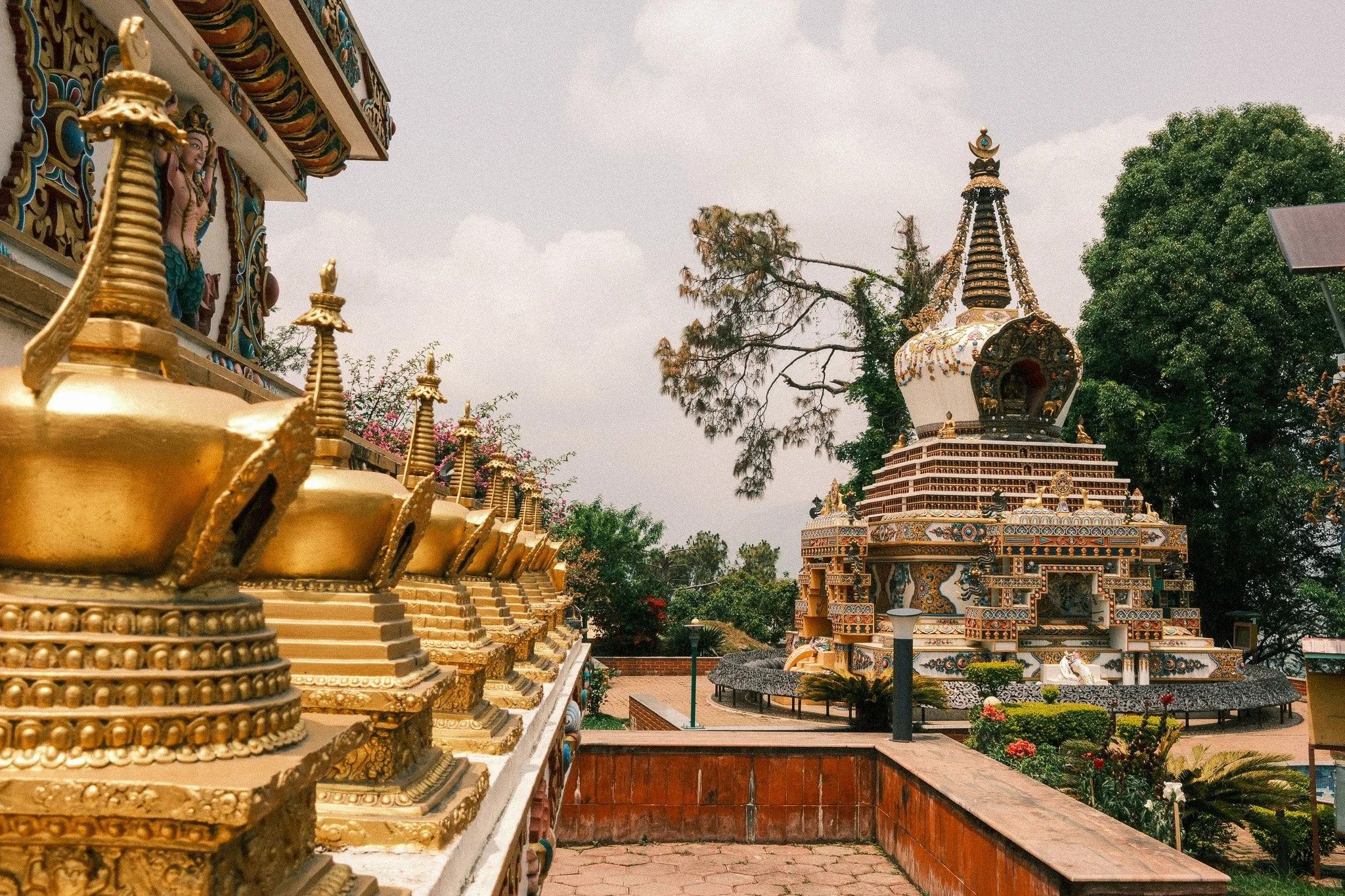 A row of golden stupas leading towards a larger stupa in the garden at Kopan Monastery
