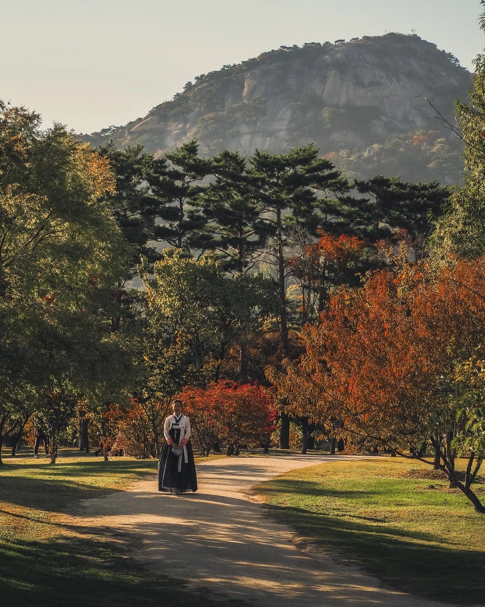 Figure in hanbok on a path through autumn trees below a rocky mountain