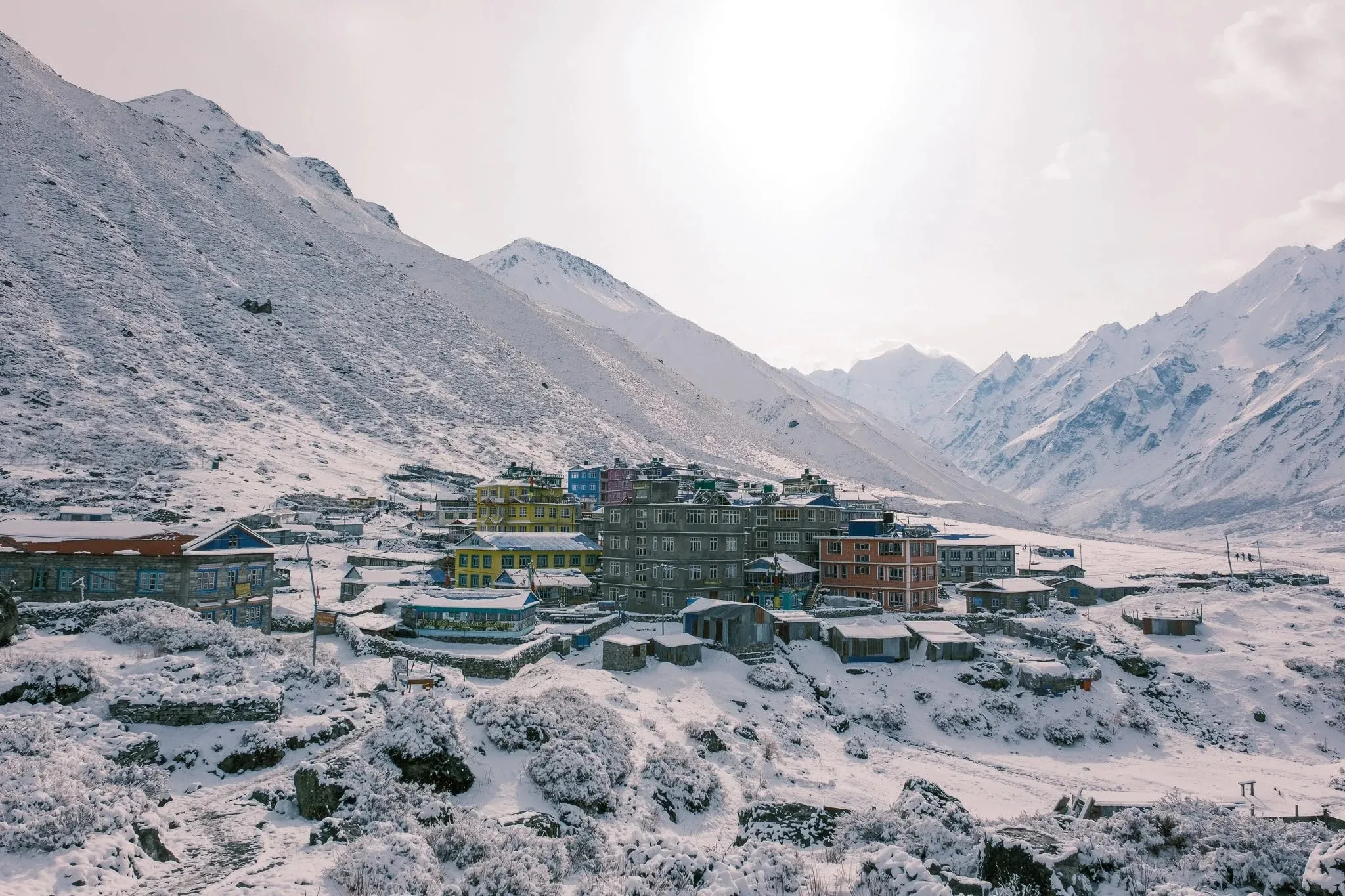 The village of Kyanjin Gompa under fresh snow in the valley
