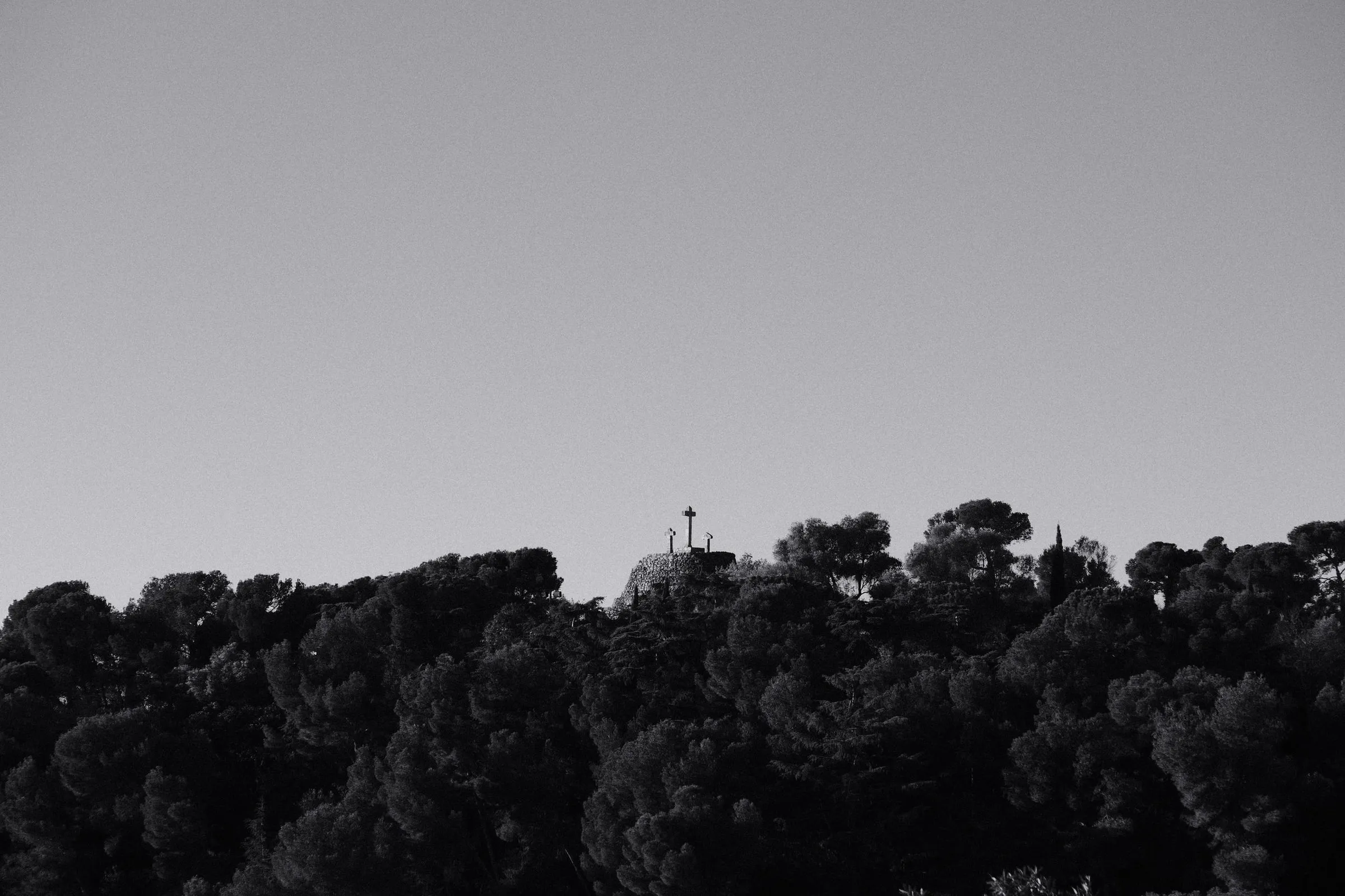 Pine trees in silhouette against a grey sky, with the crosses on the hilltop just visible