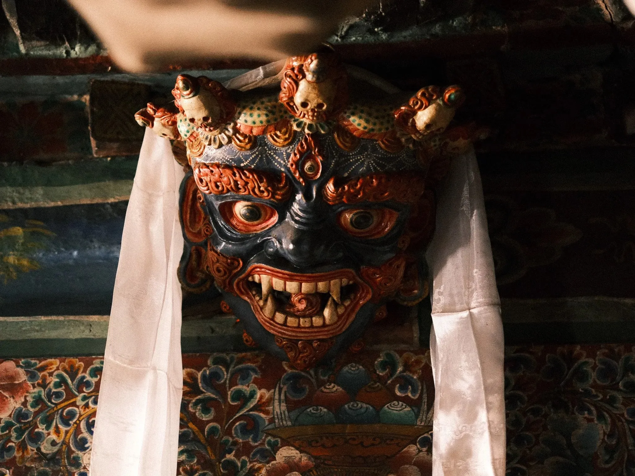 Photo of a ceremonial mask in a monastery in Lubra, Upper Mustang, Nepal