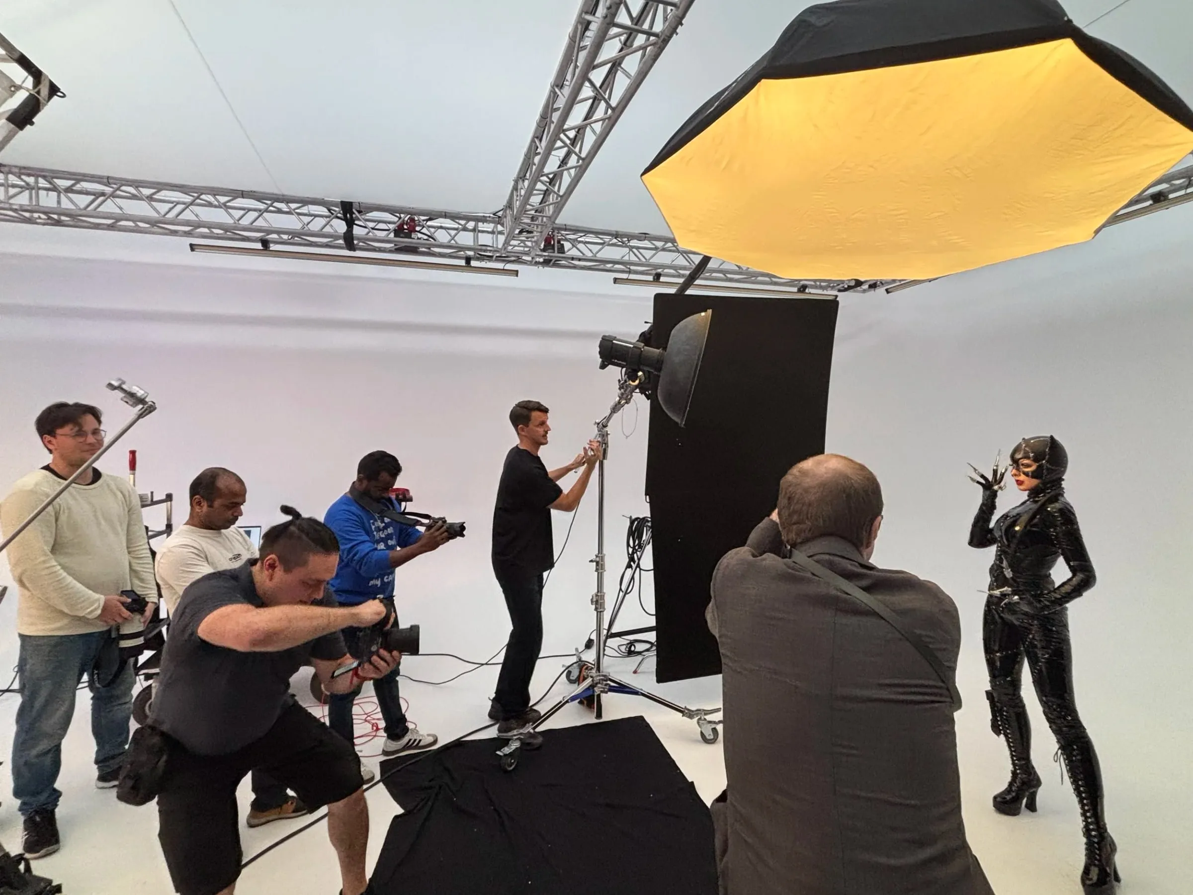 Portrait setup in a Stockholm photography studio using softbox lighting and props
