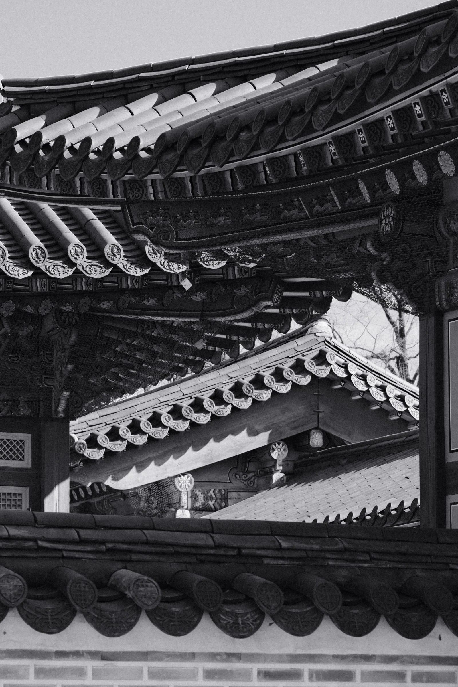 Layered tiled roofs of a traditional palace building
