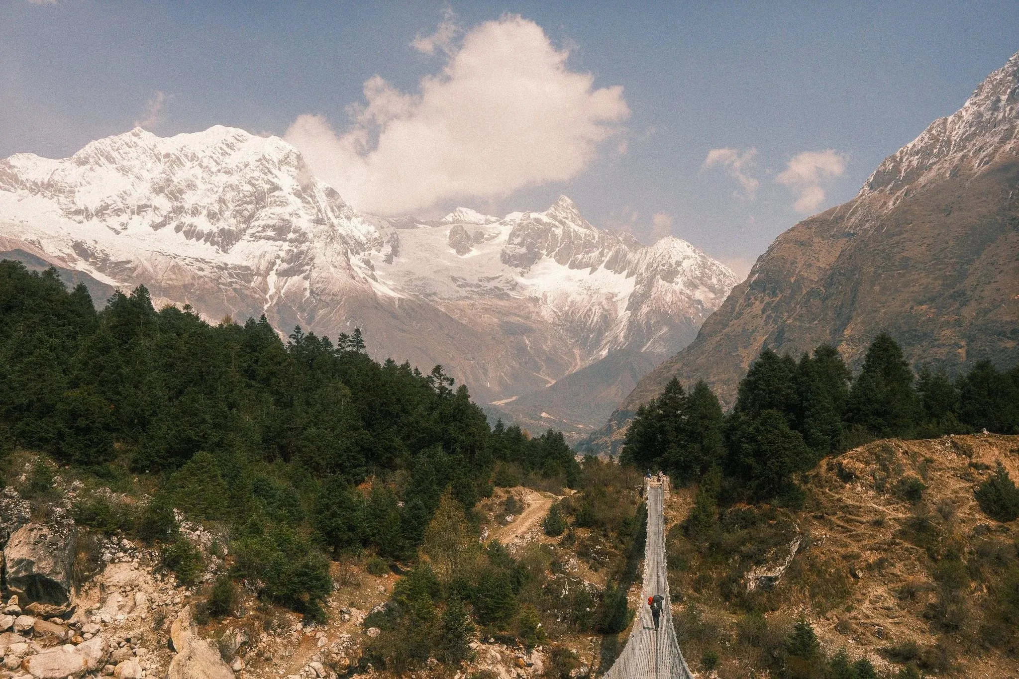 A suspension bridge across a forested valley leading towards snow-covered peaks